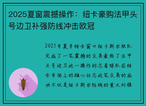 2025夏窗震撼操作：纽卡豪购法甲头号边卫补强防线冲击欧冠